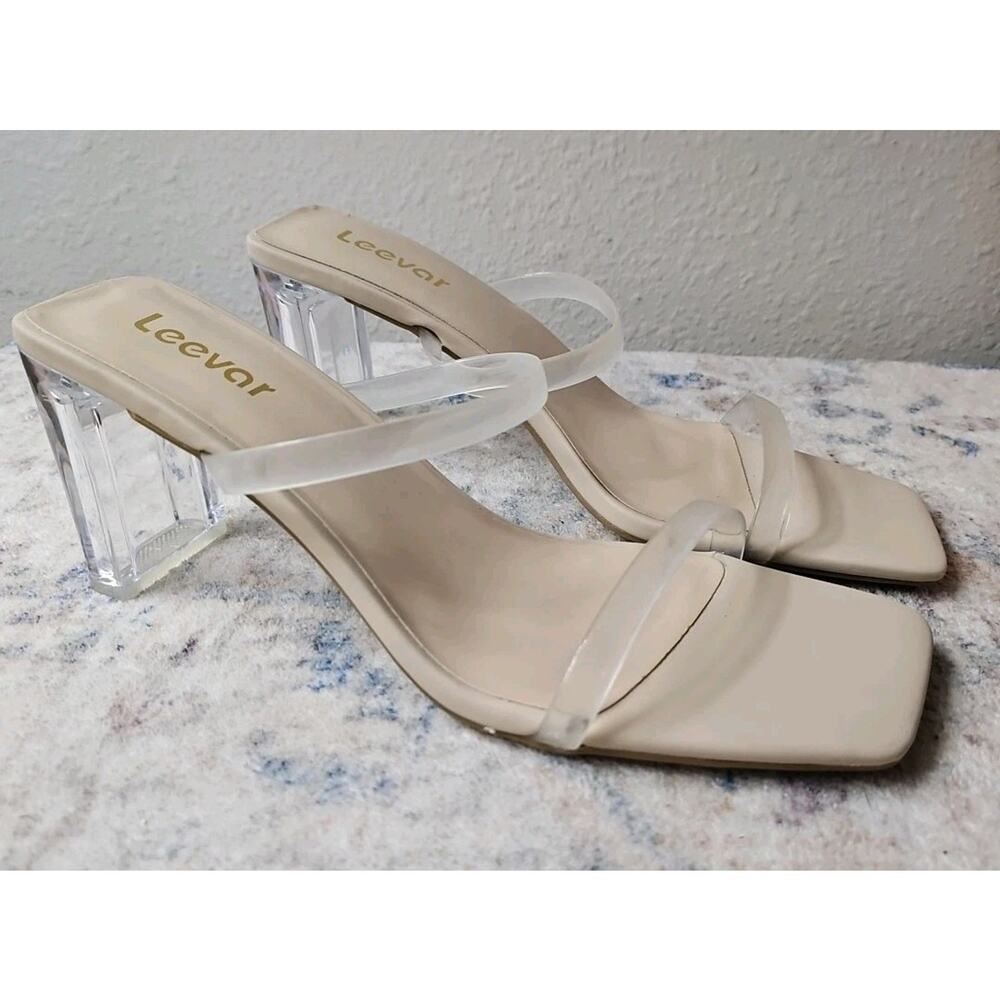 Leevar Cream Leather Square Toe Strappy Heels Women 8.5 Chunky Slip On Formal